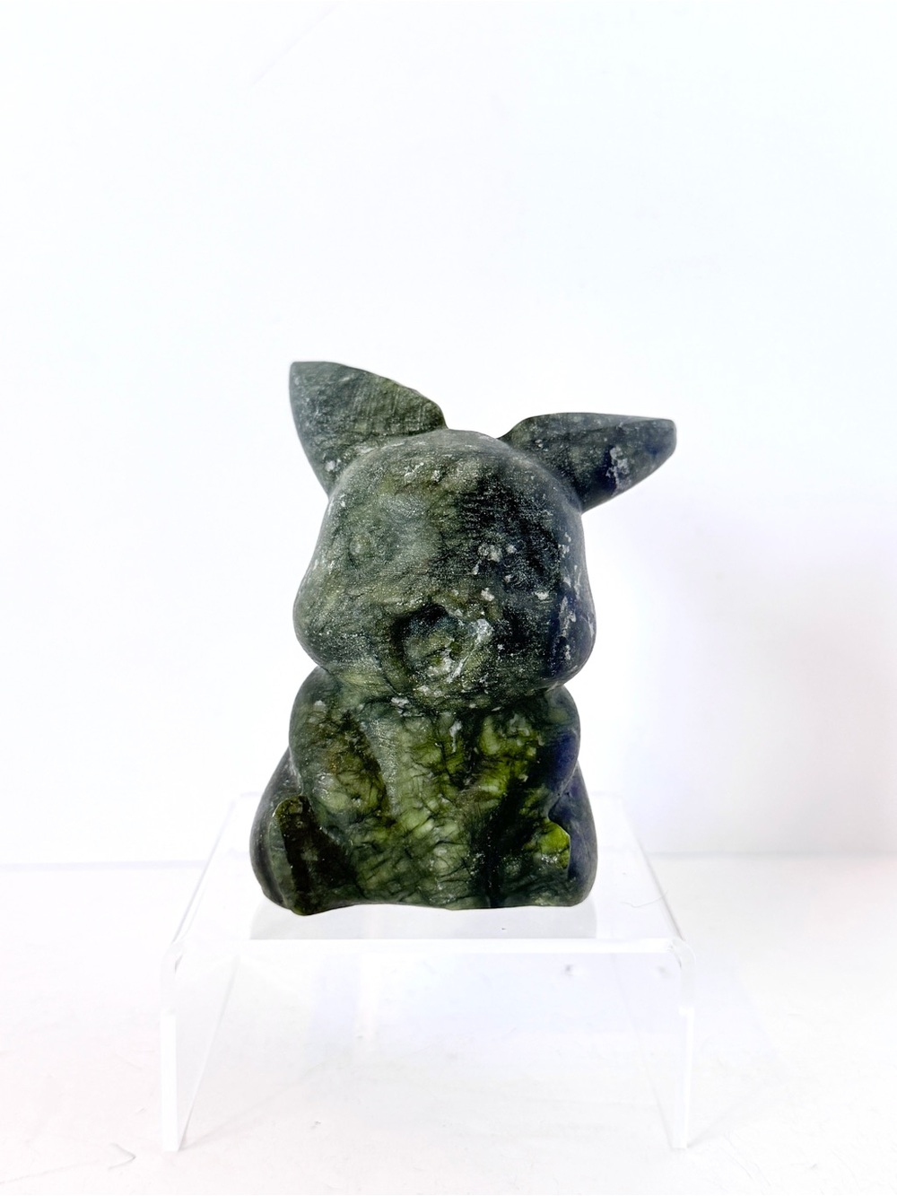 Green Jade Pikachu Carving Serpentine Jade Pokémon Inspired Stone Figurine 412g